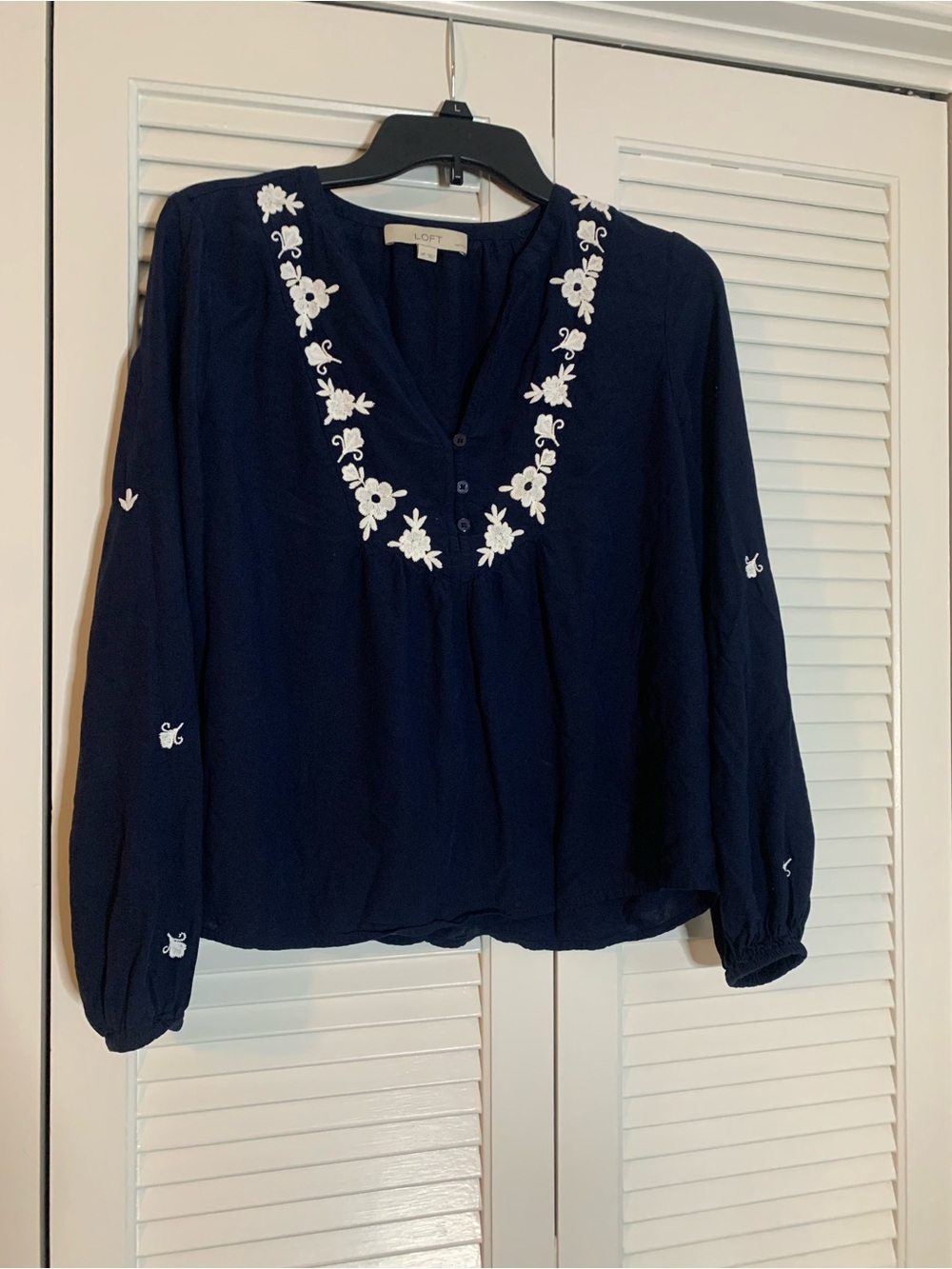 LOFT Navy V-Neck Tunic with White Floral Embroidery